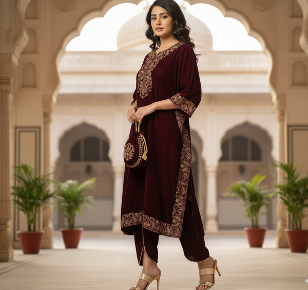 Wine Velvet Kaftan Co-ord Set