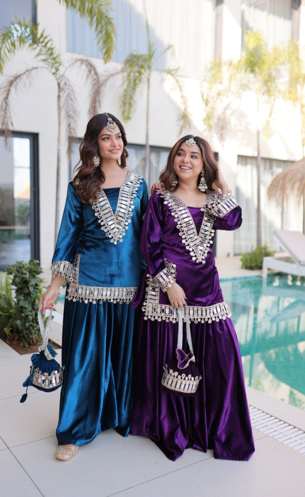 Heer Ice Velvet Set with Potli Bag