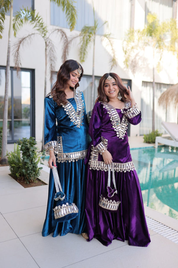 Heer Ice Velvet Set with Potli Bag