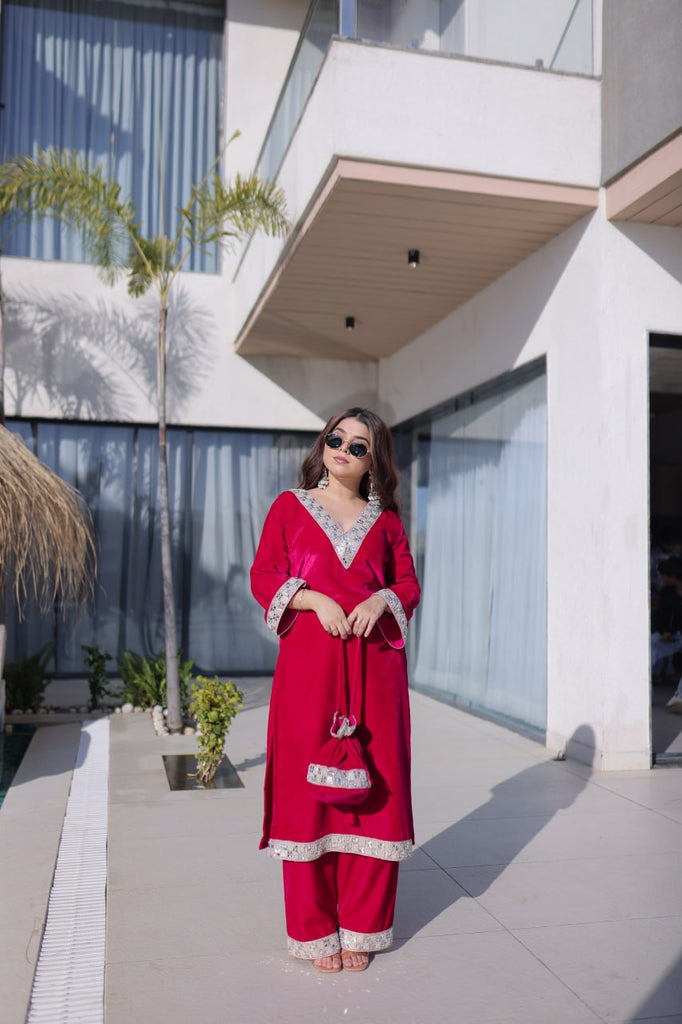 Imperial Velvet Set with Potli Bag