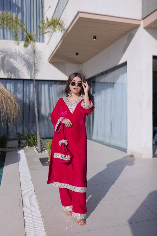 Imperial Velvet Set with Potli Bag